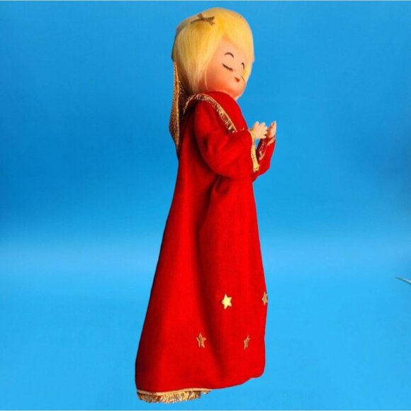 Vintage 1960s Japan Angel Tree Topper Red Velvet Gold Trim Stars Christmas Decor - Picture 7 of 9